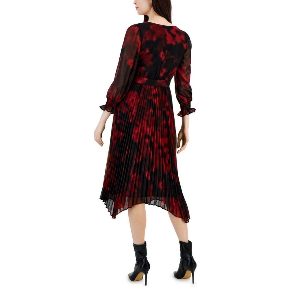 Red and Black Pleated Midi Wrap Dress - Picture 2 of 4
